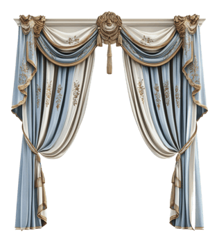 Elegant blue and white draped curtains png