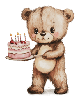 Bear with pink birthday cake and candles png