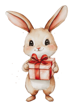 Cute bunny holding a gift box with a red ribbon png