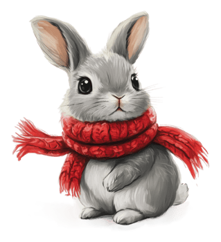 Cute gray rabbit with a red scarf in cozy setting png