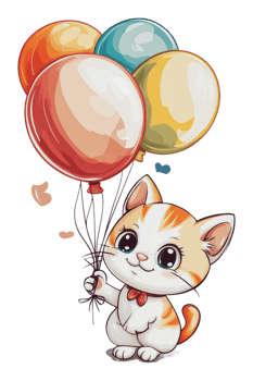 Cute cat holding colorful balloons at a party png