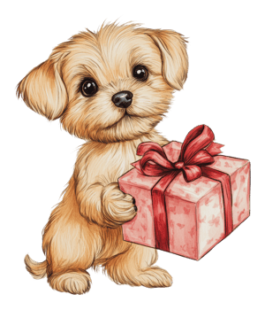 Cute puppy holding a gift with a red ribbon png