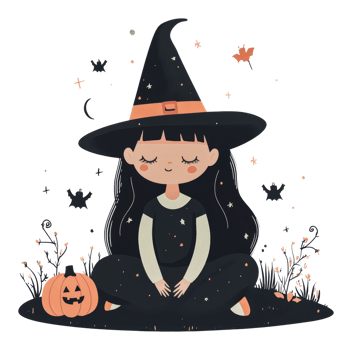 A young witch meditating during a Halloween night png