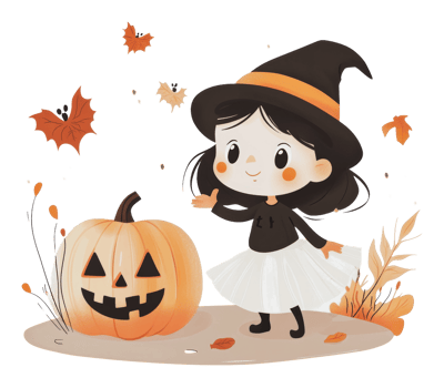 Child in witch costume with pumpkin png