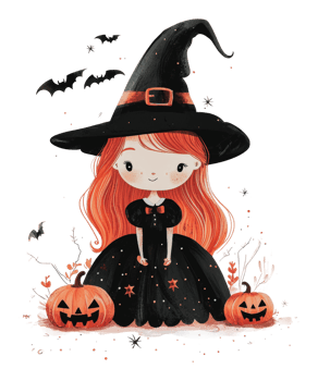 A cheerful witch surrounded by pumpkins in autumn png