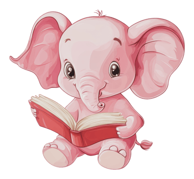 Cute pink elephant reading a book happily png