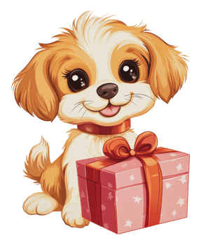 Cute puppy with a gift box ready to celebrate png