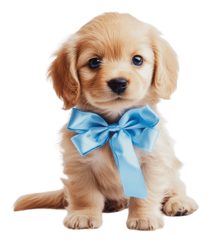Puppy with blue bow on white bg png
