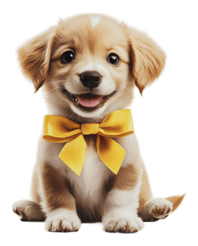 Happy puppy posing with a yellow bow tie png