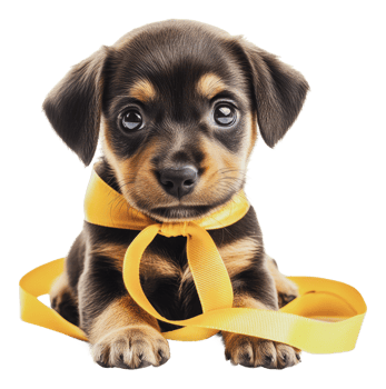 Puppy in yellow ribbon on white background png