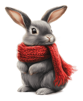 A fluffy gray rabbit wearing a bright red scarf png