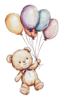 Teddy bear with colorful balloons png