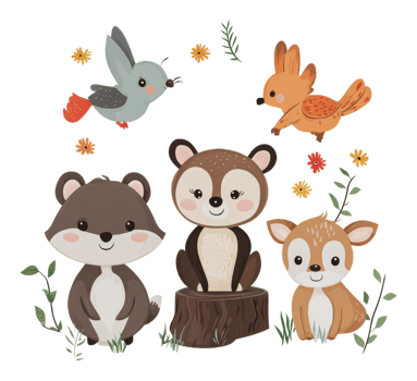 Cute woodland animals playing in a colorful garden png