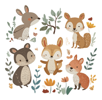 Woodland animals among spring flowers png