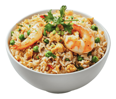 Shrimp fried rice with veggies bowl png