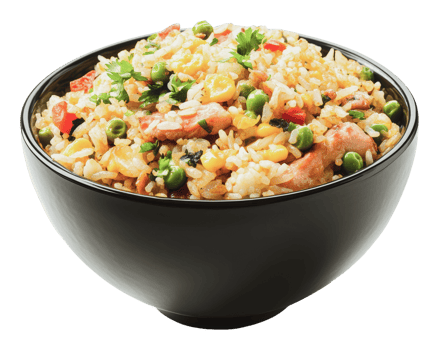 Delicious fried rice served in a black bowl png