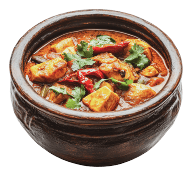 Spicy tofu curry served in traditional clay pot png
