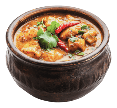 Traditional spicy chicken curry in a clay bowl png