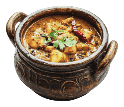 Traditional curry served in a clay pot with herbs png