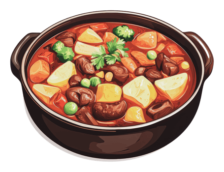Hearty stew with vegetables served in a pot png