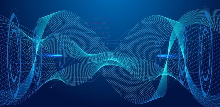 Abstract quantum computer technology. Wavy line with circuit board blue background vector