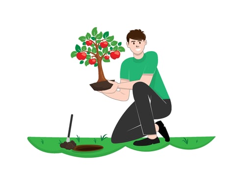 Young man planting an apple tree In the garden area of his house vector