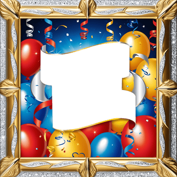 gold frame with balloons and streamers png