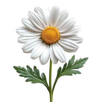 Chamomile . chamomile flower top view . white chamomile with yellow centre flat lay isolated. herbal chamomile flower . Delicate white chamomile flower with a yellow center and green stem png
