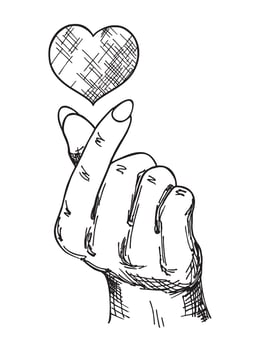 Hands with heart, hand drawing sketch. Fingers hold heart. Gesture, symbol of romantic love. illustration for Valentine s Day, Kindness Day, love, support vector