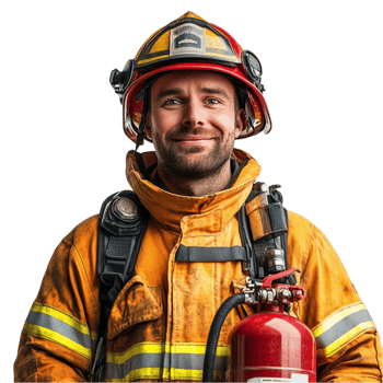A man in a fireman's uniform holding a fire extinguisher png