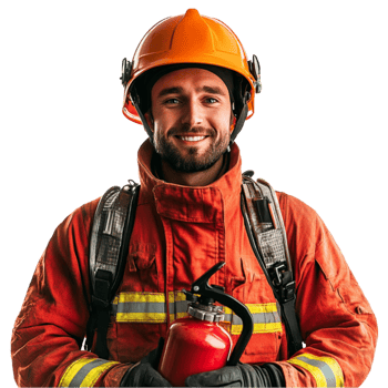 A man in a fireman's uniform holding a fire extinguisher png