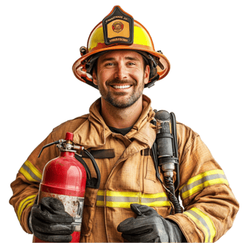 A smiling firefighter holding a fire extinguisher png