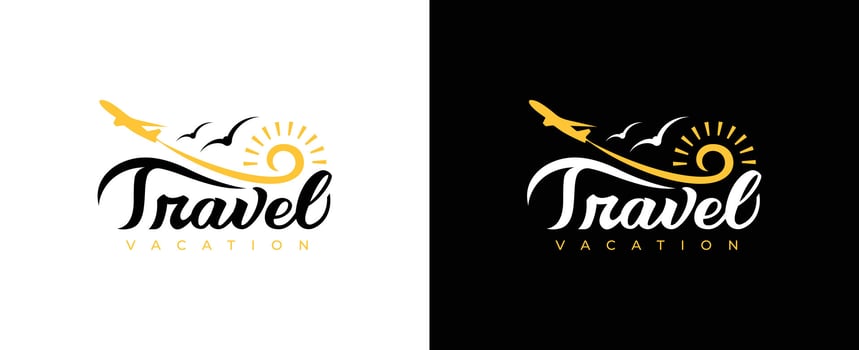 Summer Travel logo design, Modern bright sun travel, airplane, birds logo design vector