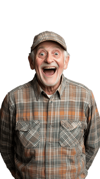 Elderly man expressing joy with wide smile on transparent background png