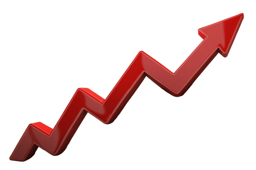 Red upward arrow graph showing rising trend, cut out on Transparent Background png