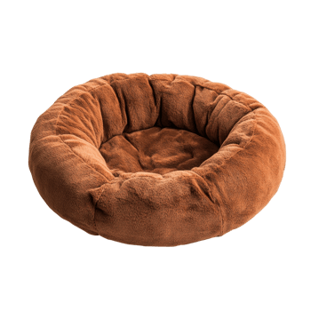 Cozy round pet bed in soft brown fabric, perfect for dogs and cats. Ideal for comfort and relaxation, this plush bed provides warm resting place for your furry friend png