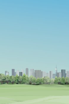 Public park with grass field in the city have skyscrapers and blue sky vertical background graphic illustration. vector