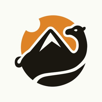 A stylized camel silhouette stands in front of a mountain and sun, symbolizing desert adventure and exploration vector