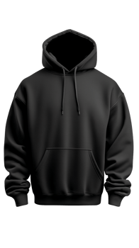 Black hoodie with drawstrings and front pocket on transparent background png