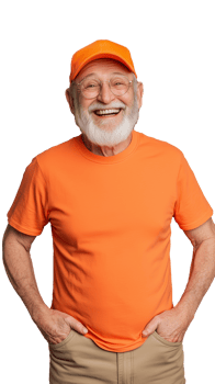 Elderly man smiling in bright orange outfit on transparent background png
