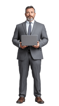 Businessman holding laptop in formal suit on transparent background png