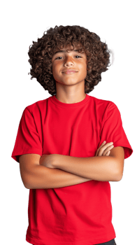 Confident young boy with curly hair in red shirt png