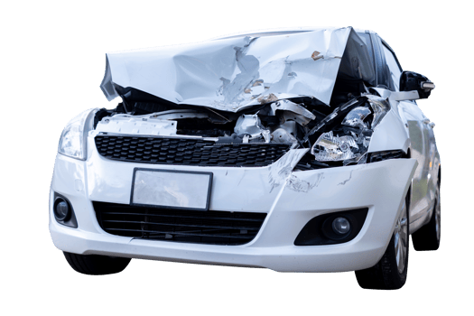 Car Broken,Full body front and side view of white car get damaged by accident on the road. damaged cars after collision. Isolated on transparent background, File png