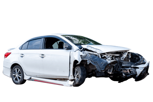 Car crash, Full body front and side view of white car get damaged by accident on the road. damaged cars after collision. Isolated on transparent background. File png
