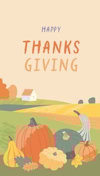 Cozy Thanksgiving harvest illustration with pumpkins and gourds set and a scenic autumn countryside. Greeting card vertical design in modern flat style with textures vector