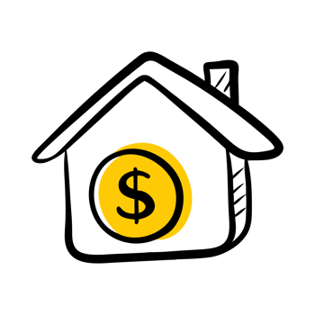 a house features a large yellow coin with a dollar sign inside. cutouts png