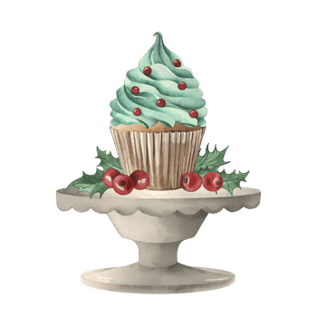 Christmas composition. Cupcake decorated with berries and holly leaves on a vase stand. The illustration is hand-drawn in watercolor. For the design of postcards, invitations, posters, textiles png