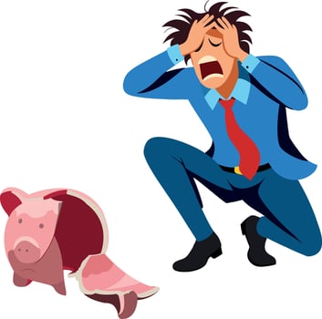 Desperate businessman holding his head after breaking piggy bank vector