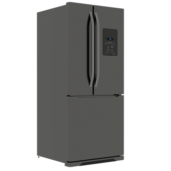 A large gray refrigerator freezer with a black door png