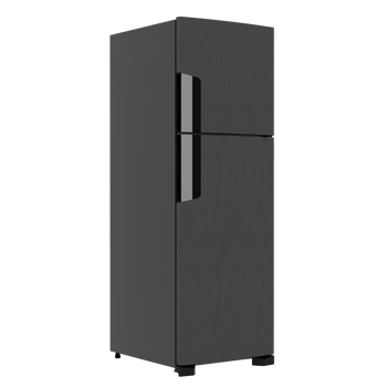 A black refrigerator is shown against a black background png